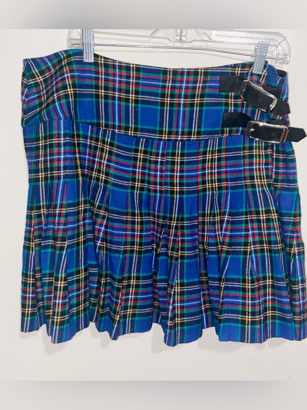 Skye by Brora Skirt Womens 16 Blue Plaid Pleated Kilt Wrap Leather Buckles Fall